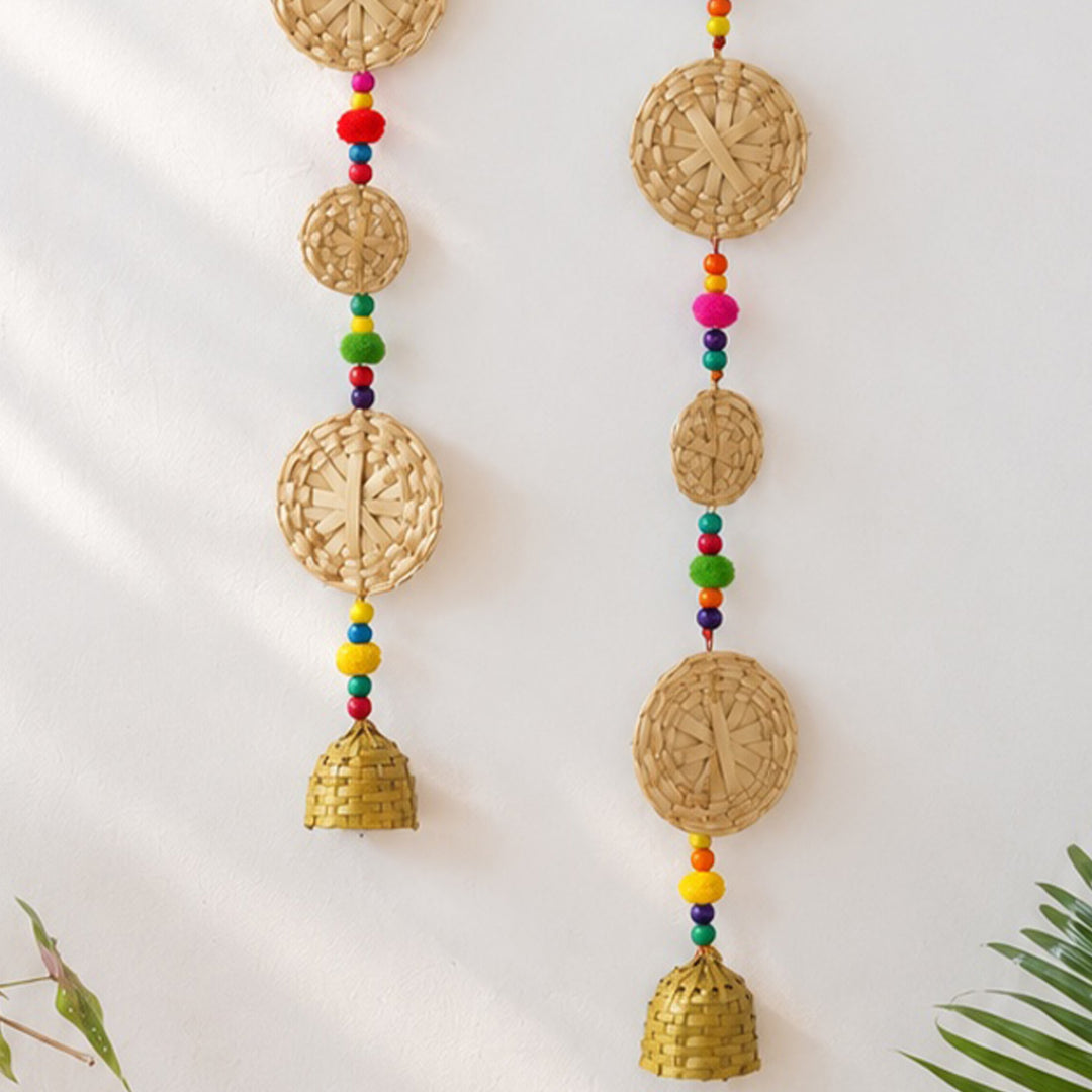 2 Pc | Handmade Woven Basket Design Bamboo Hanging With Wooden Beads & Pom Poms