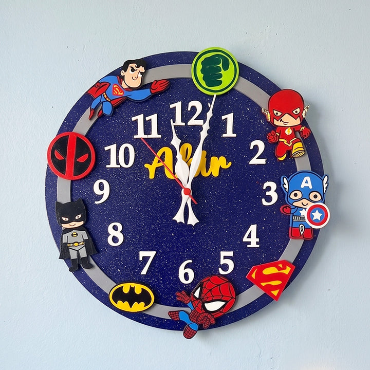 Personalised Superhero Theme Kids Wall Clock | 12 inch