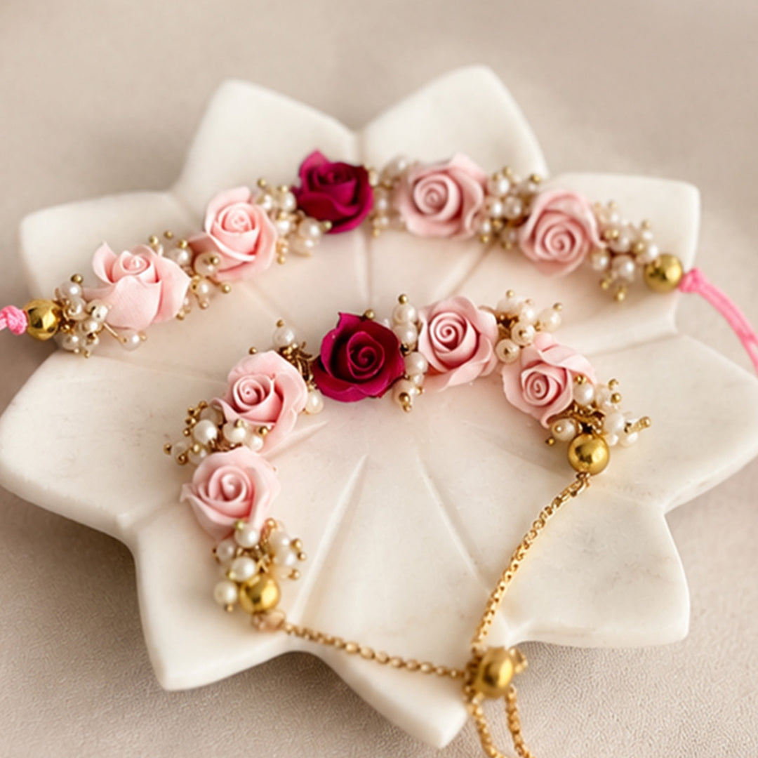 Hand-Knotted Rose Beaded Rakhi & Lumba Set For Bhaiya Bhabhi | Set of 2
