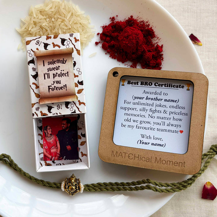 Personalized Photo "Harry Potter" Theme Rakhi Gift for Brother | Rakhi, Matchbox Card & Photo Magnet Combo