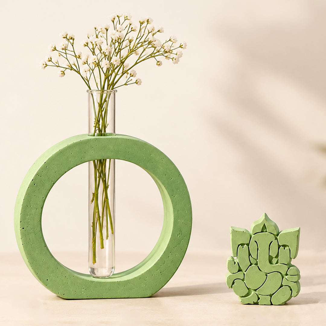 2 Pc | Handmade Eternal Grace Concrete Ganesha & Test Tube Vase Gift Hamper