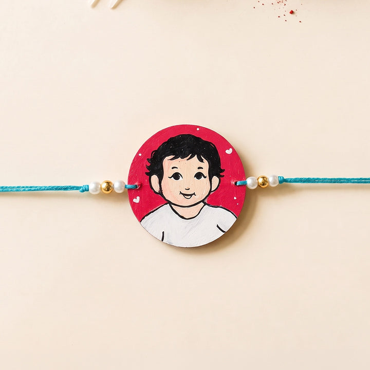 Photo Personalized Handpainted Reusable Caricature Mdf Wood Rakhi With Roli Chawal For Baby Brother