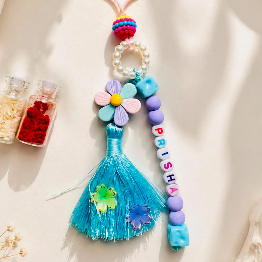 Handmade Personalised Name Tassel Lumba With Bead Detailing With Roli Chawal For Bhabhi