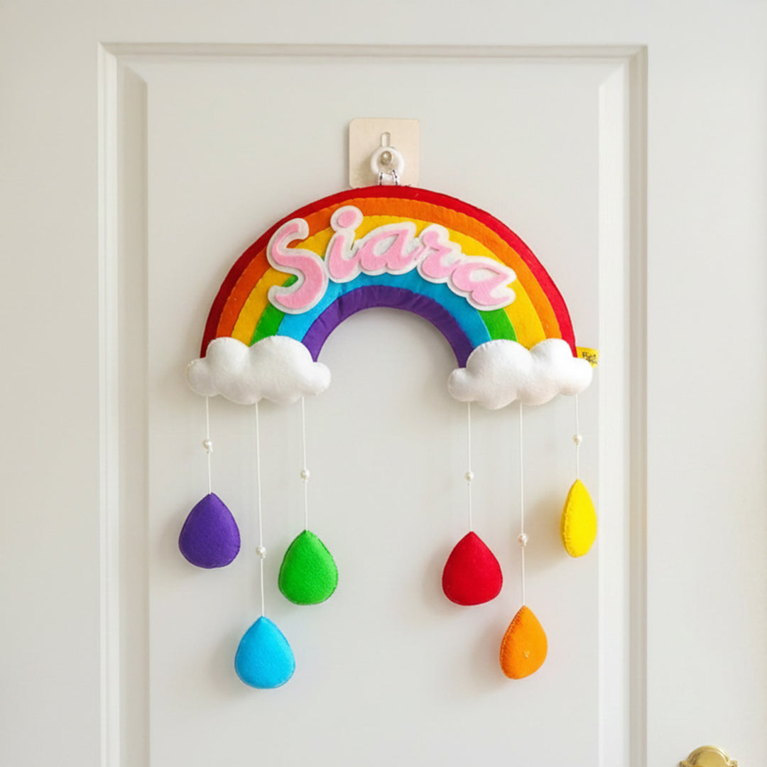 Personalized Handmade Rainbow & Cloud Theme Felt Kids Name Plate