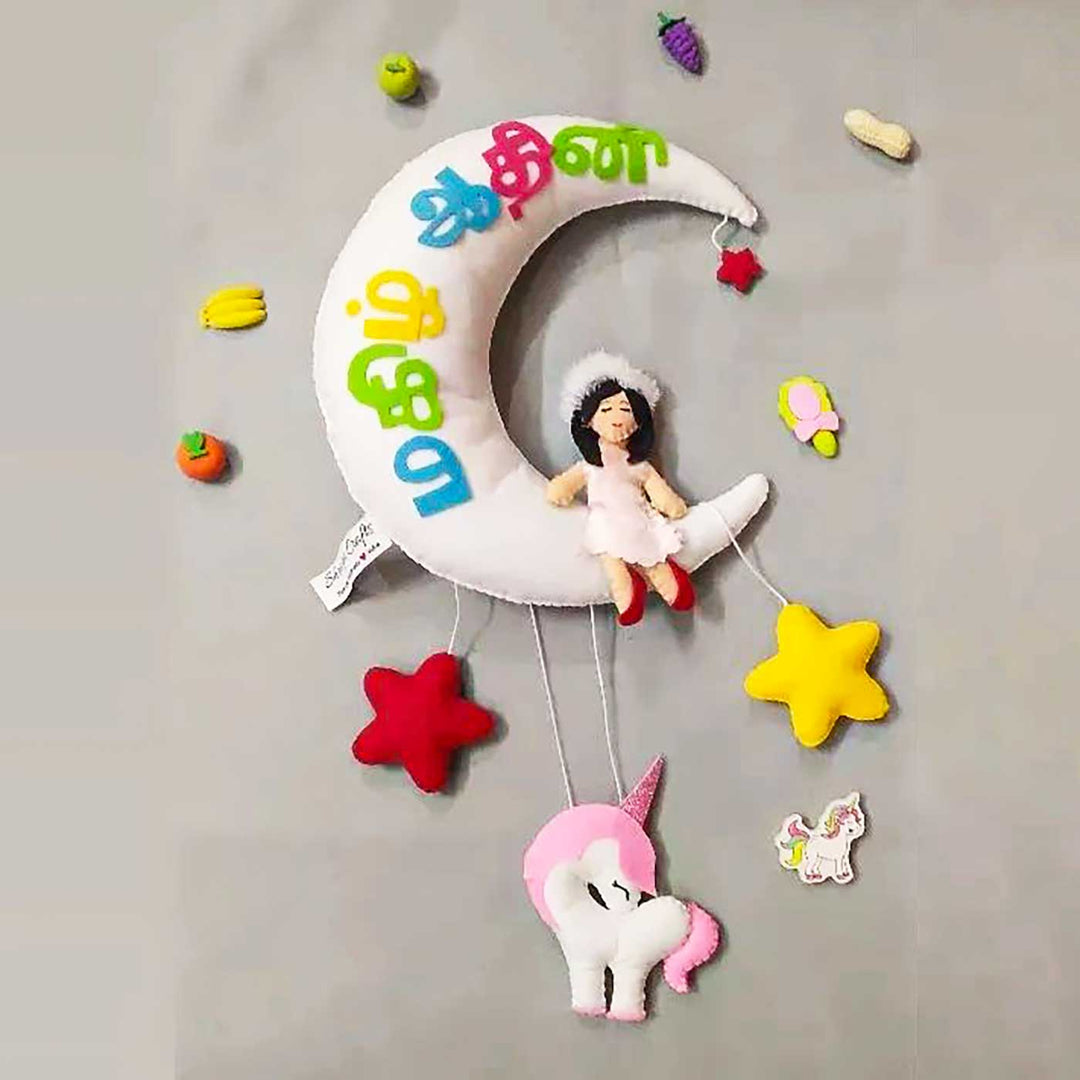Personalized Girl On Moon Themed Felt vernacular Kids Name Plate
