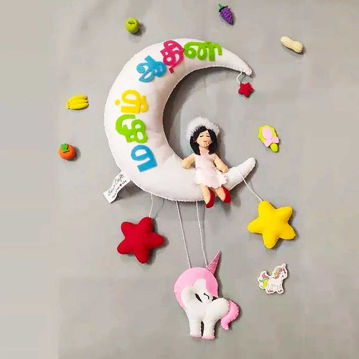 Personalized Girl On Moon Themed Felt vernacular Kids Name Plate