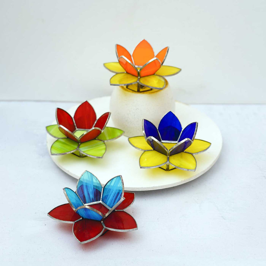 Handcrafted Stained Glass Lotus Tea Light Holder