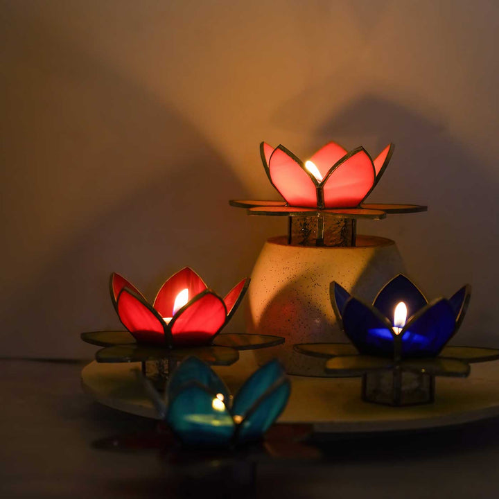 Handcrafted Stained Glass Lotus Tea Light Holder