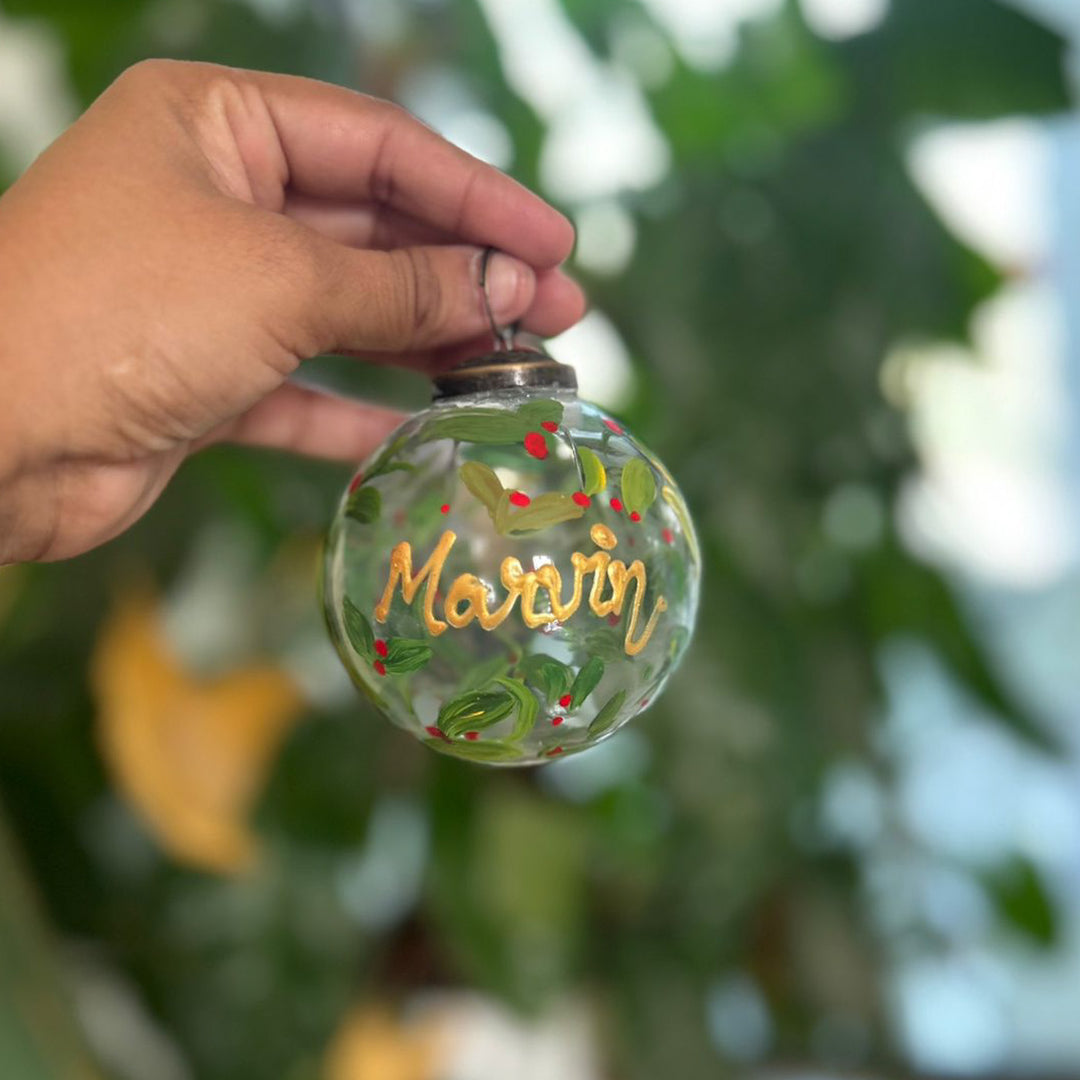 Personalized Hand-Painted Green Leaves Glass Ball Ornament For Christmas Decoration