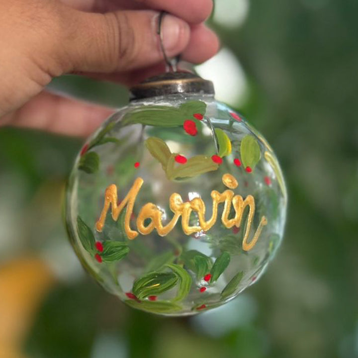 Personalized Hand-Painted Green Leaves Glass Ball Ornament For Christmas Decoration