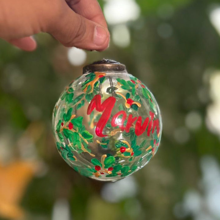 Personalized Hand-Painted Green Pine Leaves Glass Ball Ornament For Christmas Decoration