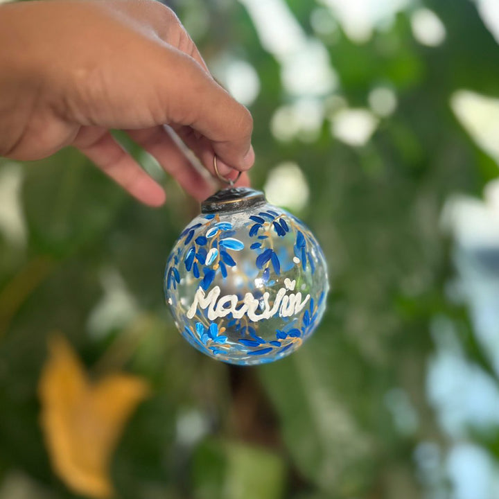 Personalized Hand-Painted Blue Leaves Glass Ball Ornament For Christmas Decoration