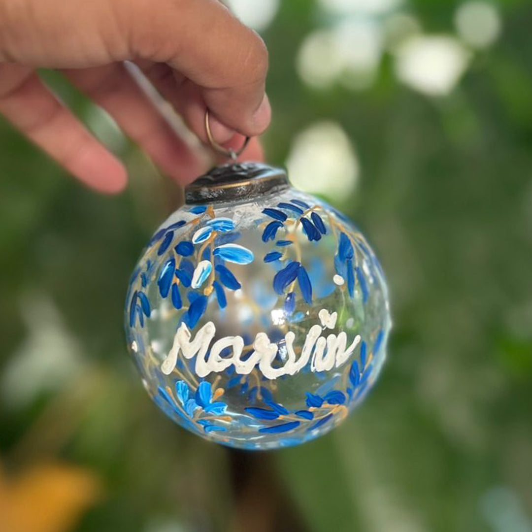 Personalized Hand-Painted Blue Leaves Glass Ball Ornament For Christmas Decoration
