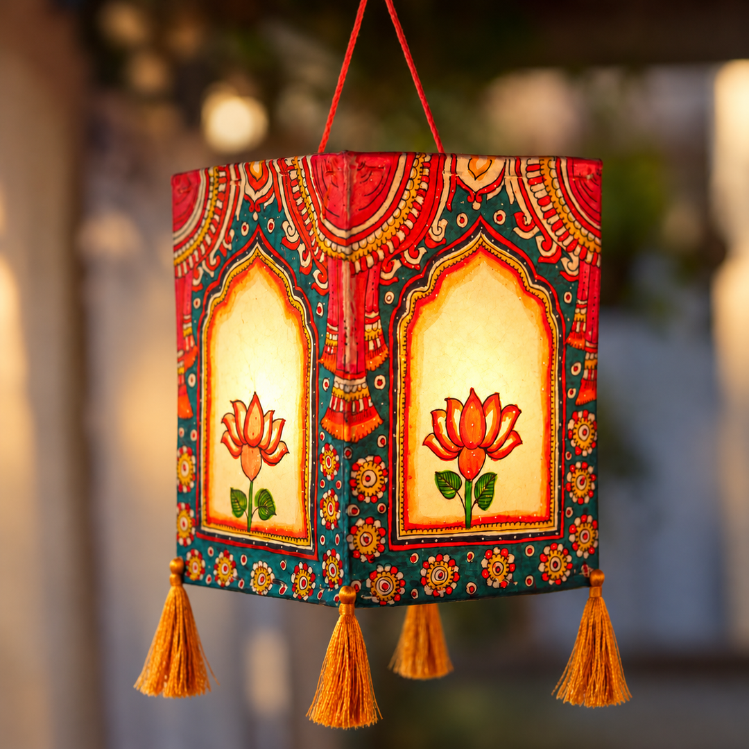 Hand Painted Lotus Tholu Bommalata Parchment Leather Hanging Lamp/Kandil - Teal