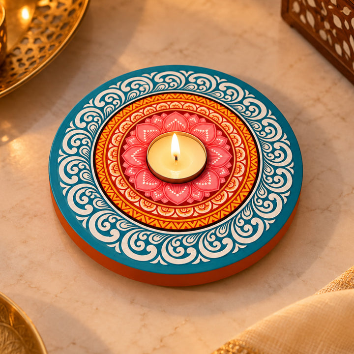 Handmade Kamalmandal Lotus Mandala MDF Wood Round Tealight Holder For Festive Decor