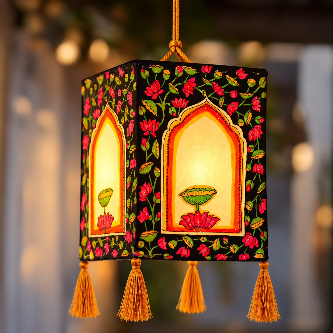 Hand Painted Lotus Tholu Bommalata Parchment Leather Hanging Lamp/Kandil - Black