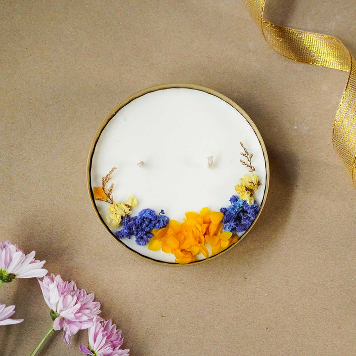 5 Inch | Handmade Hammered Copper Finish Urli Scented Candle With Dry Flowers