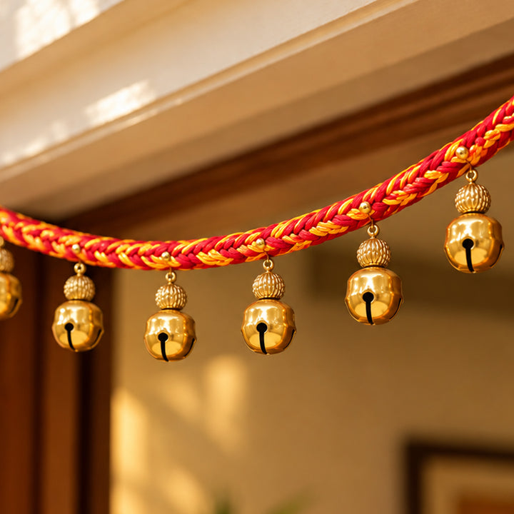 Handmade Mouli Thread Toran With Big Ghungroo Bells For Festive Decor