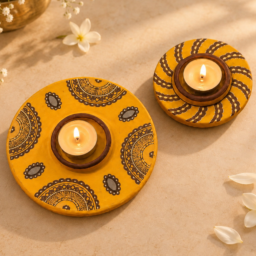 Hand-Painted Multipurpose Terracotta Bloom Light Phoolvati Tealight Holders with Garden Stakes for Garden & Rangoli Decor - Yellow
