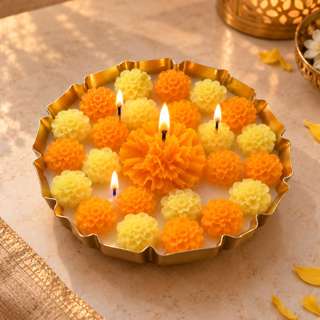 Handmade Marigold Brass Urli Soy Wax Scented Candle For Festive Decor