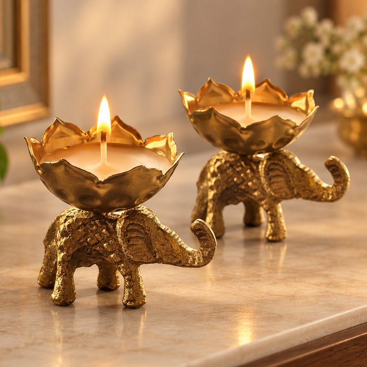 2 Pc | Handmade Elephant Brass Urli Soy Wax Scented Candle For Festive Decor
