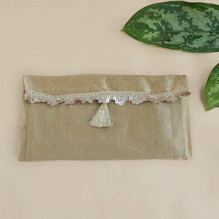 Set Of 2 | "Scallop" Handcrafted Tissue Fabric Gift Envelopes With Gota Edging And Tassel Detailing For Festive Gifting