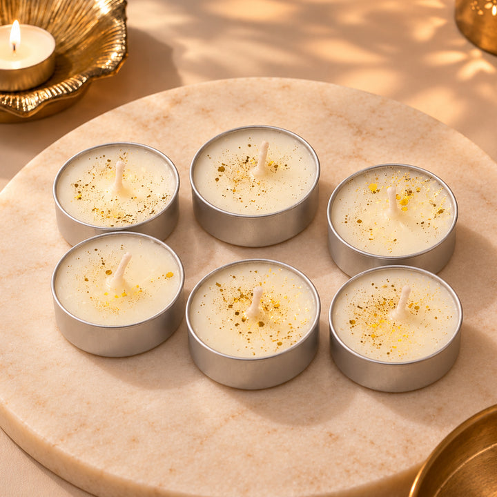 Set Of 6 | Handcrafted Festive Shimmer Gold Glitter Peony Blossom Scented Soy Wax Tealight Candles