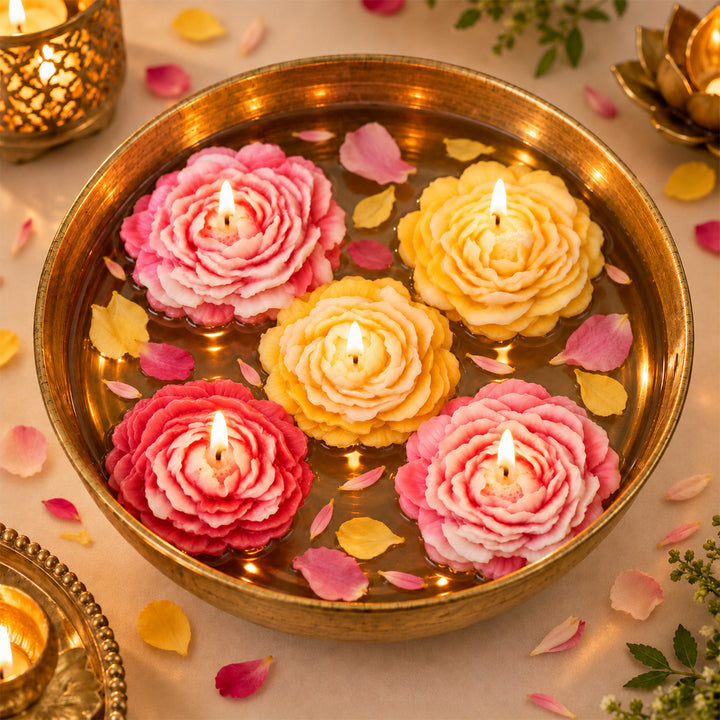 5 pc | Handmade Peony Floating Soy Wax Candle For Festive Decor