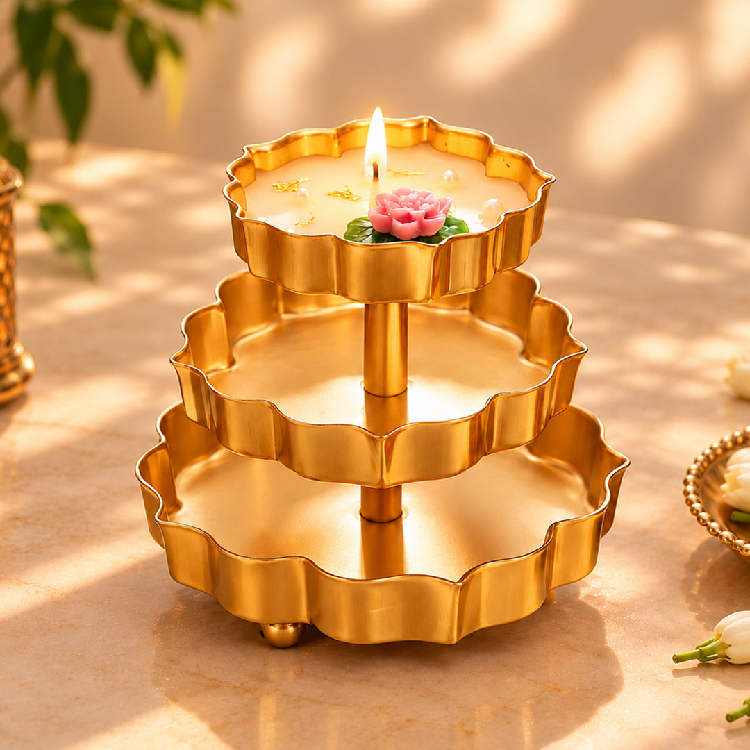Handcrafted 3 Tier Lotus Brass Urli Soy Wax Candle With Lily & Lavender Fragrance For Festive Decor