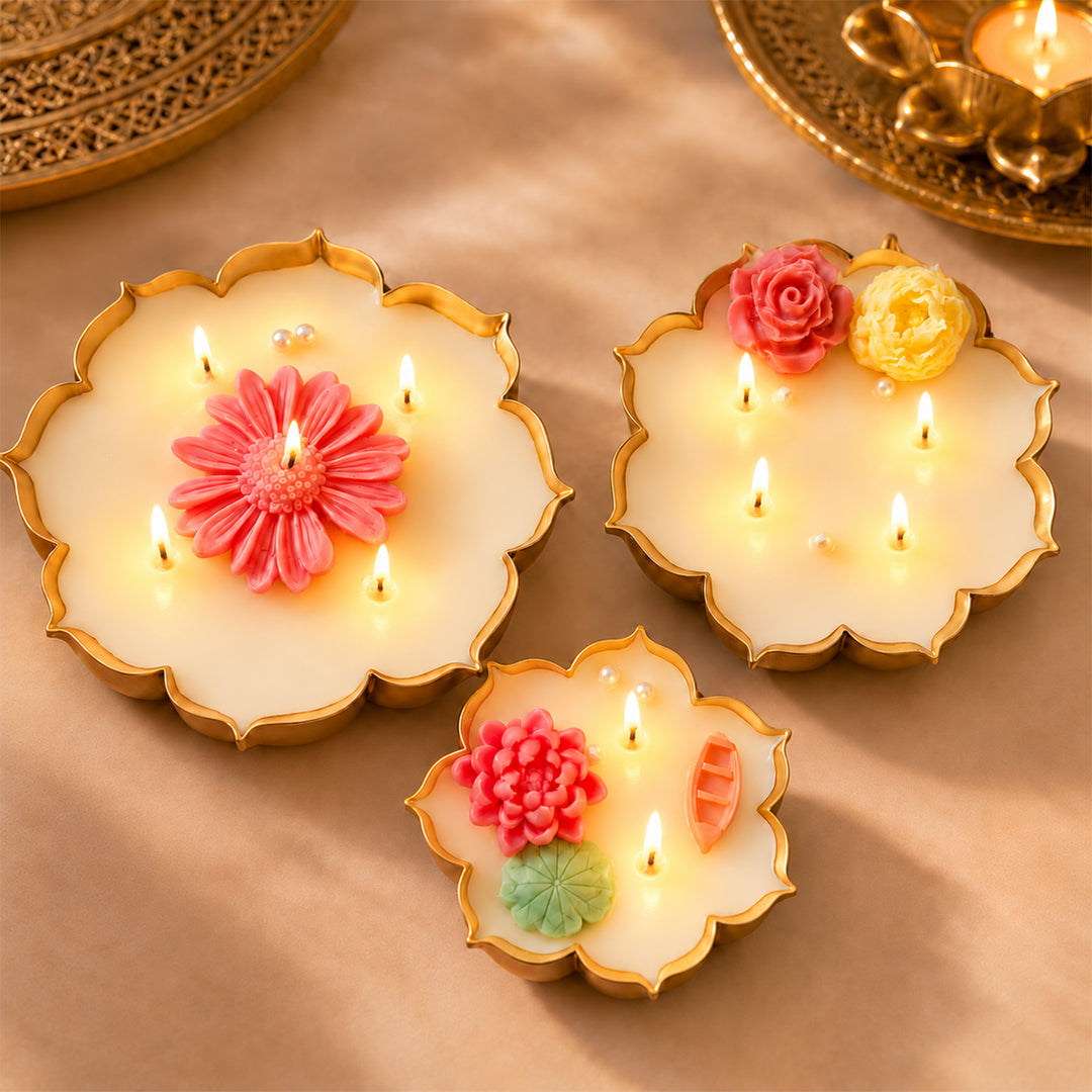 3 pc | Handmade Lotus Metal Urli Soy Wax Scented Candle For Festive Decor