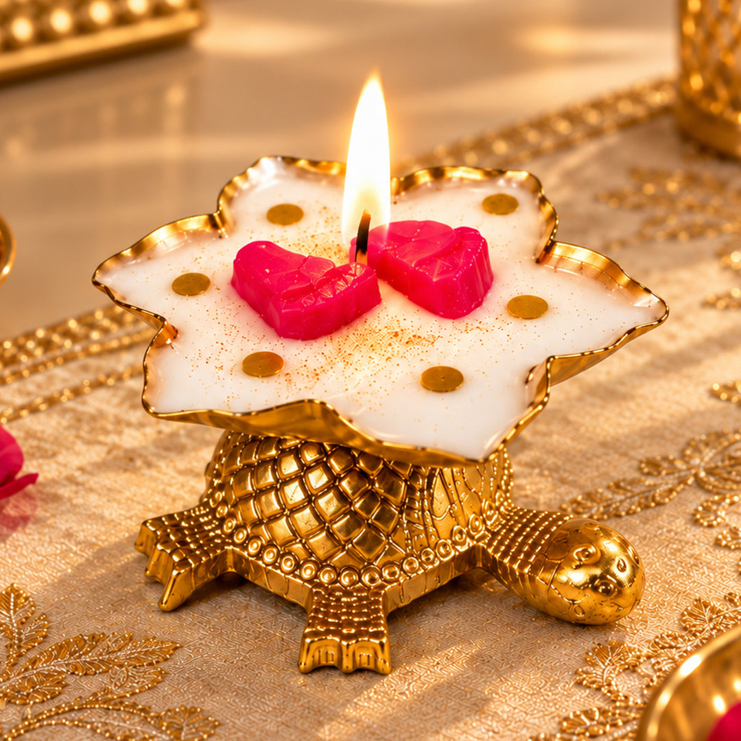 Handcrafted Royal Turtle Laxmi Paduka Golden Aluminium Mogra Scented Soy Wax Candle