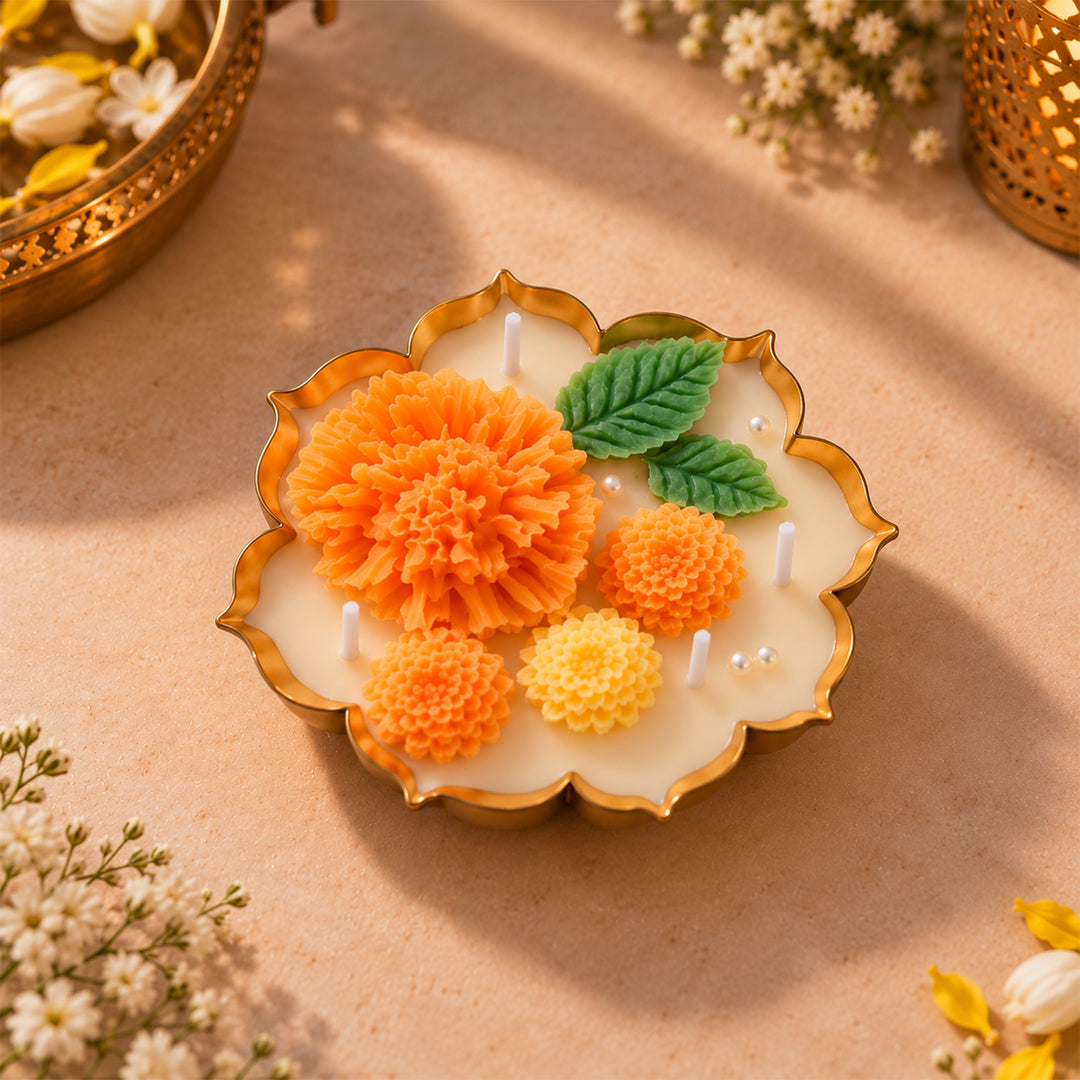 Handmade Kamal Marigold Design Metal Urli Soy Wax Scented Candle For Festive Decor