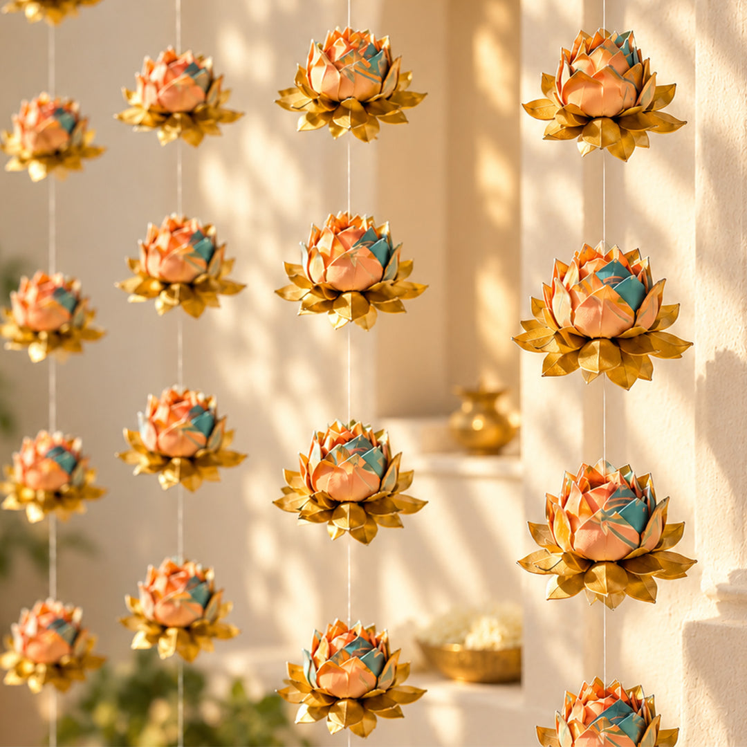 2 Pc | Hand-Marbled Origami Lotus Hanging In Tree-Free Paper - Blush Pink & Gold