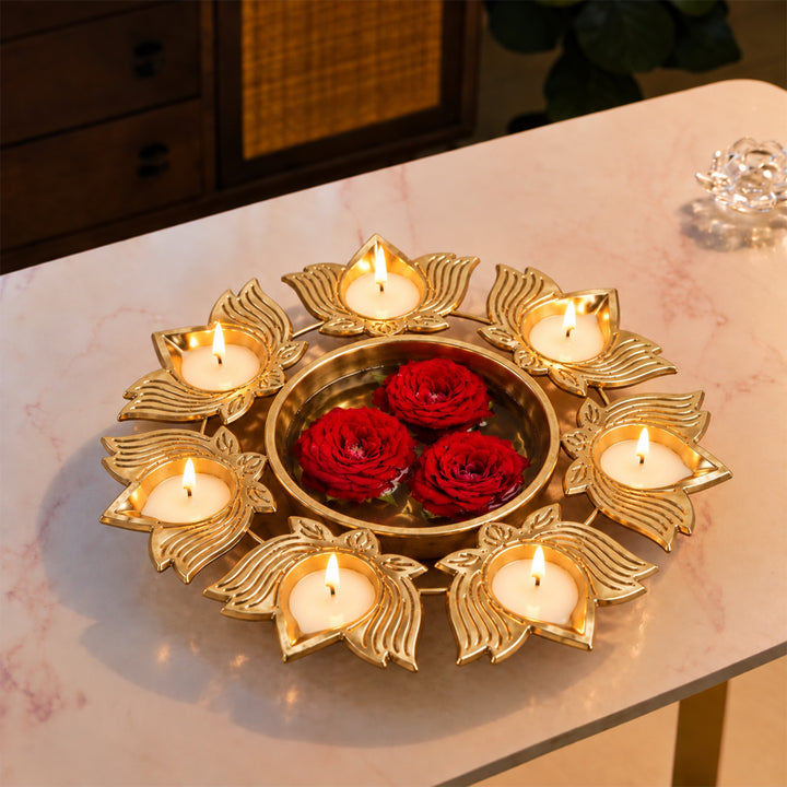 Handmade Lotus Decorative Brass Urli Soy Wax Scented Candle For Festive Decor