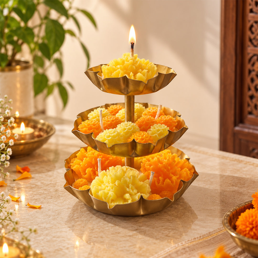 Handmade 3 Tier Marigold Brass Urli Soy Wax Scented Candle For Festive Decor