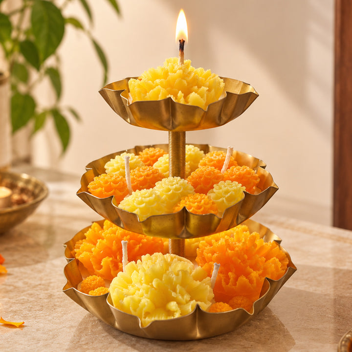 Handmade 3 Tier Marigold Brass Urli Soy Wax Scented Candle For Festive Decor