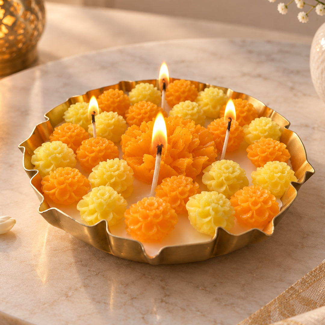 Handmade Marigold Brass Urli Soy Wax Scented Candle For Festive Decor