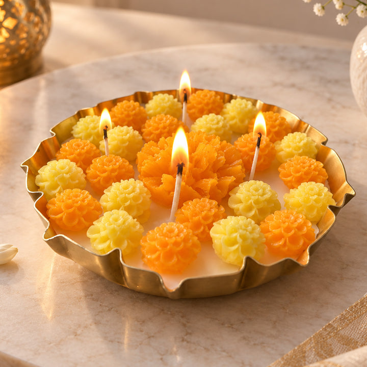 Handmade Marigold Brass Urli Soy Wax Scented Candle For Festive Decor