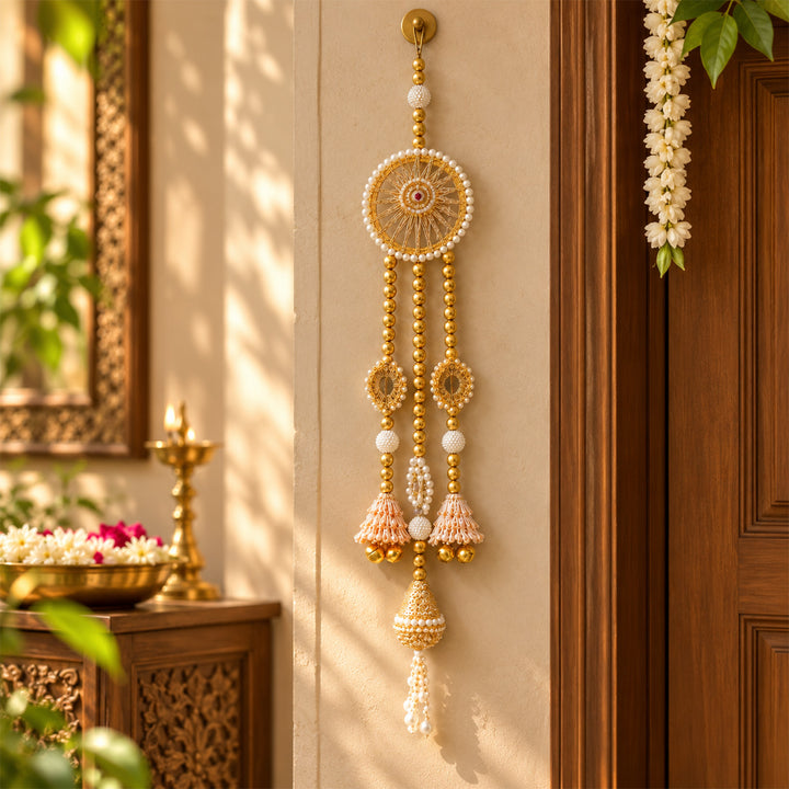Handmade Royal Pearl Zari Hanging With Ghungroo Bells For Festive Decor