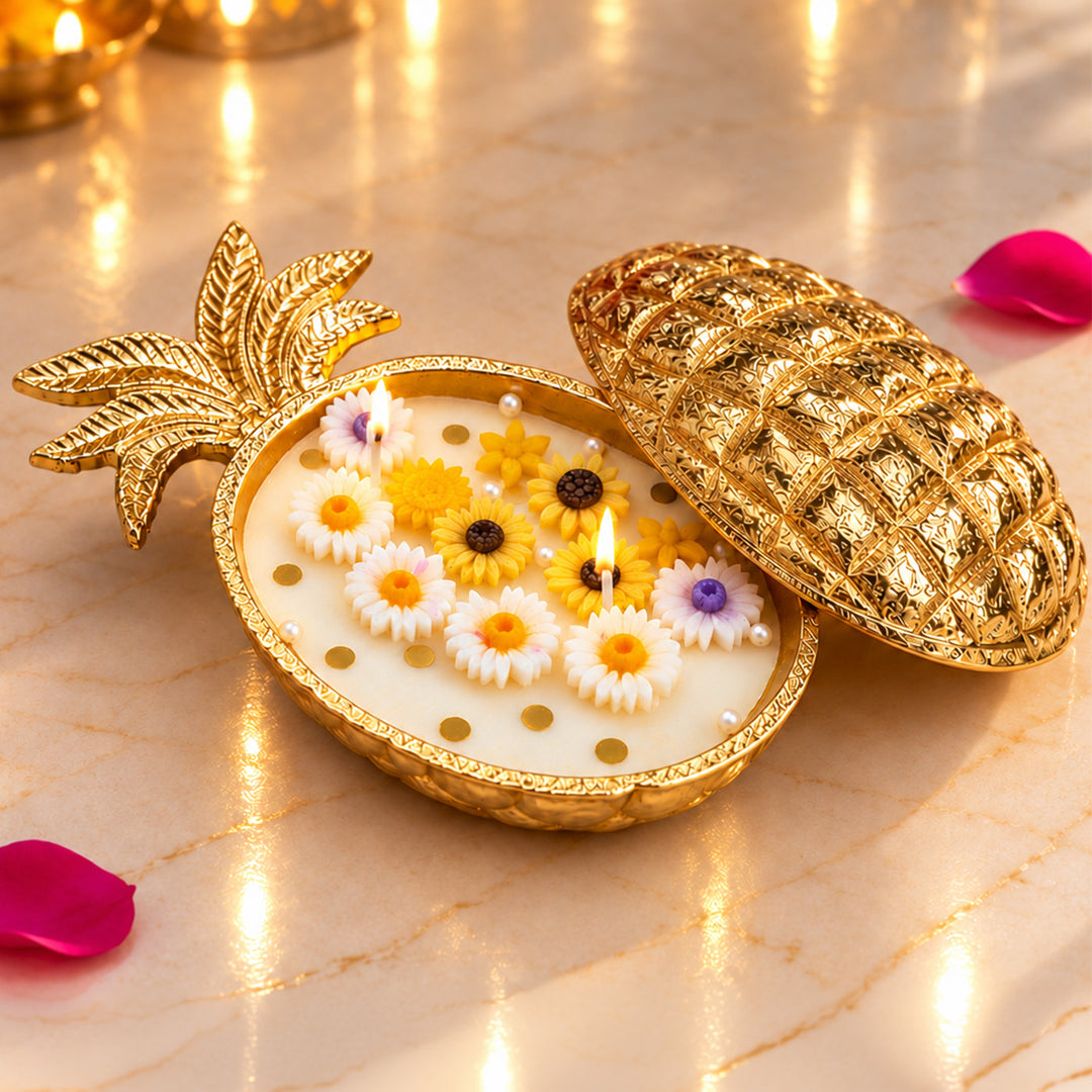 Handcrafted Golden Pineapple Floral Brass Urli Sandalwood Scented Soy Wax Candle