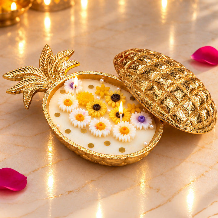 Handcrafted Golden Pineapple Floral Brass Urli Sandalwood Scented Soy Wax Candle