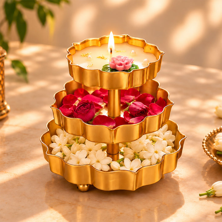 Handcrafted 3 Tier Lotus Brass Urli Soy Wax Candle With Lily & Lavender Fragrance For Festive Decor