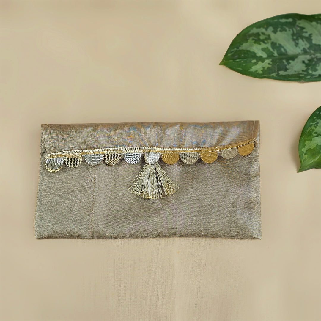 Set Of 2 "Sitara" Handcrafted Tissue Fabric Gift Envelopes With Gota Trim And Tassel Detailing For Festive Gifting