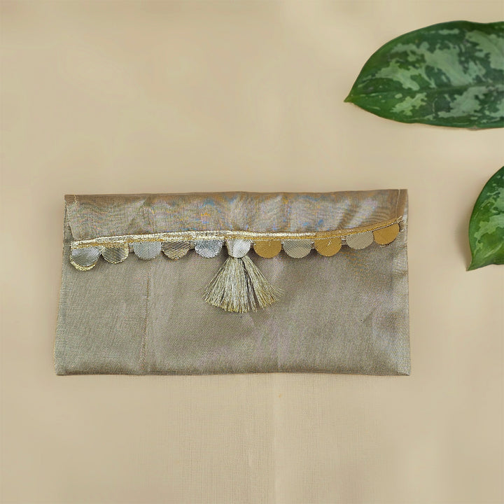 Set Of 2 "Sitara" Handcrafted Tissue Fabric Gift Envelopes With Gota Trim And Tassel Detailing For Festive Gifting