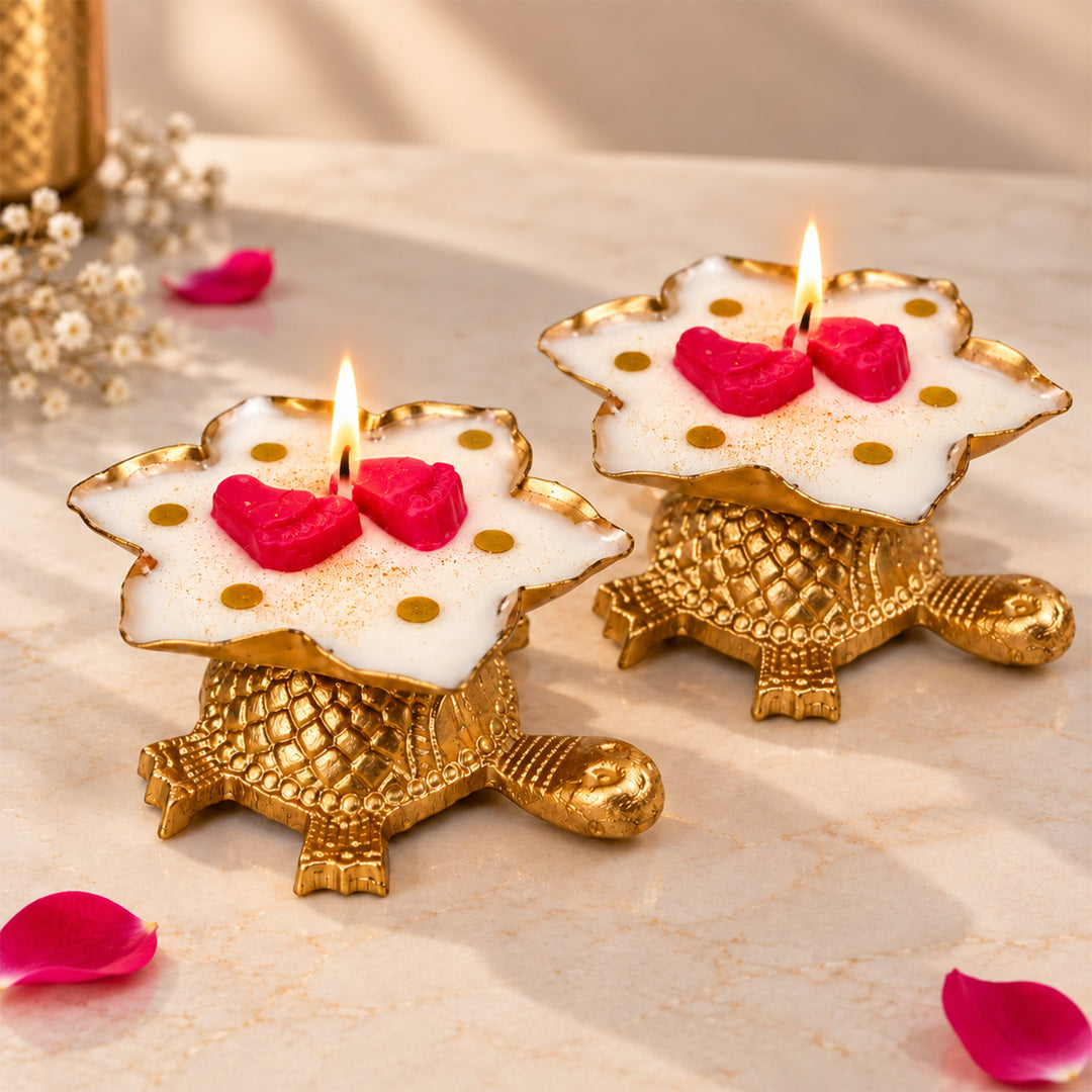 Handcrafted Royal Turtle Laxmi Paduka Golden Aluminium Mogra Scented Soy Wax Candle