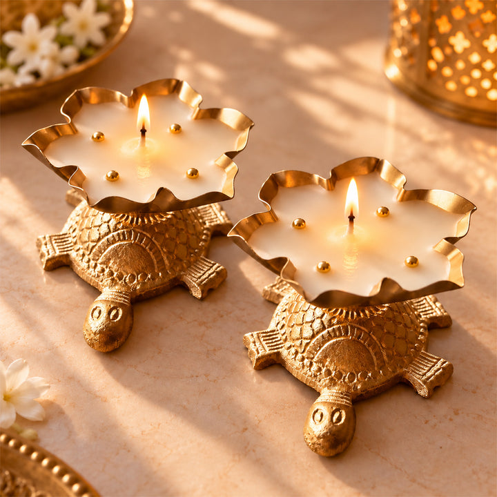 2 Pc | Handmade Tortoise Brass Urli Soy Wax Scented Candle For Festive Decor