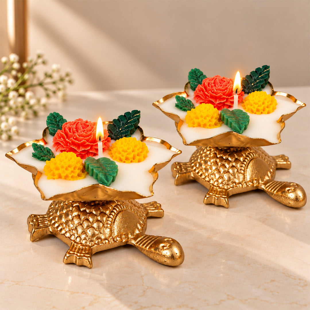 Handcrafted Royal Turtle Floral Golden Aluminium Mogra Scented Soy Wax Candle