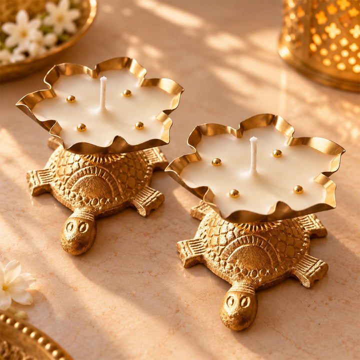 2 Pc | Handmade Tortoise Brass Urli Soy Wax Scented Candle For Festive Decor