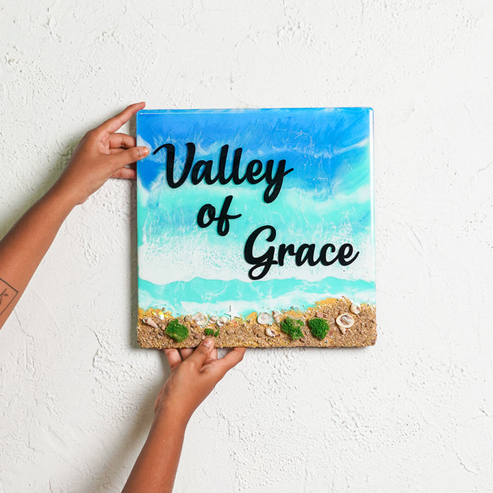 Handcrafted Resin Beach Vibes Name Plate - Held by Hands Front View