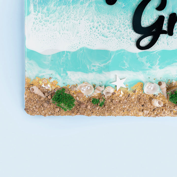Handcrafted Resin Beach Vibes Name Plate - Close-up of Textured Edge Details